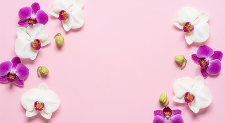 A beautiful floral frame of white and purple orchid flowers on a pink background
