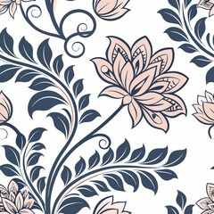 The image displays a floral pattern with stylized pink flowers and deep blue leaves on a white