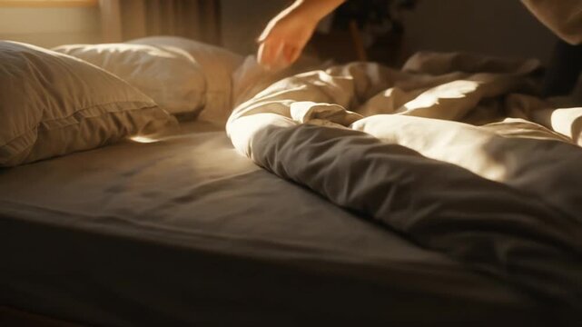 Morning sunlight streams across a cozy bed with rumpled blankets, creating a peaceful and inviting atmosphere.