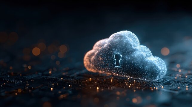 Secure Cloud Computing Network and Data Encryption Protection with Digital Security Shield Keyhole on Modern Technology Circuit Board