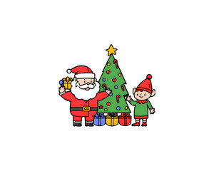 Santa Claus and Elf with Christmas Tree and Gifts