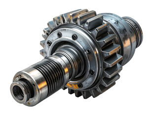 Metal mechanical component featuring gears and a threaded shaft, illuminated against a dark background