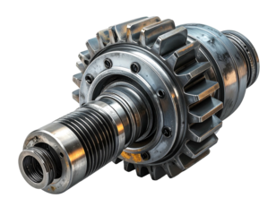 Metal mechanical component featuring gears and a threaded shaft, illuminated against a dark background