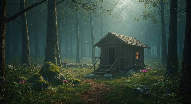 Mysterious wooden hut deep within an enchanted, misty forest, surrounded by glowing flora, mossy ground, and ancient, towering trees ,abode ,shadow ,dwelling