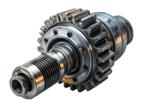 Metal mechanical component featuring gears and a threaded shaft, illuminated against a dark background