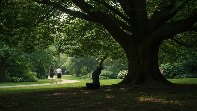 Person meditating under a large tree in a park.