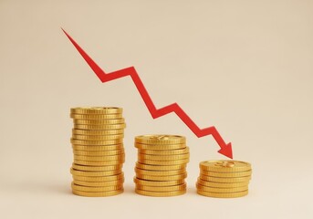 Golden Coin Stacks with Red Arrow Trend Down; Economic Decline and Financial Loss Concept