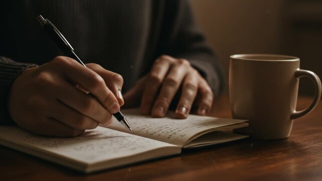 Person writing in a notebook with a pen and a mug of coffee on a wooden table.