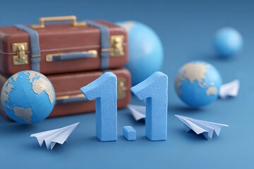 Massive 1.1 Sale promotion for New Year travel deals, featuring luggage and flight tickets against a scenic backdrop