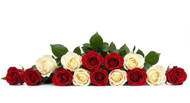 A striking bouquet of fresh red and pure white roses lying horizontally, perfectly isolated against a clean, brilliant white studio backdrop ,flowers ,natural ,isolated