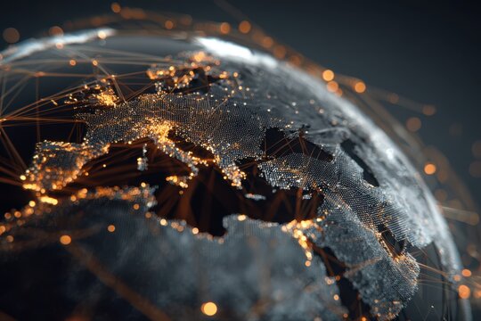 A detailed close-up view of a globe made up of glowing data points and fiber optics, representing a network connection.  