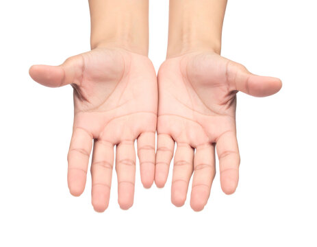 Two open, light-skinned hands, palms up, against a black background, inviting or offering something unseen - Powered by Adobe