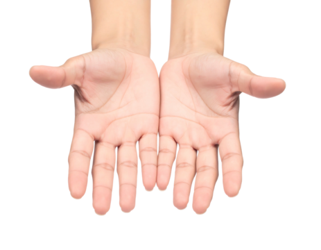 Two open, light-skinned hands, palms up, against a black background, inviting or offering something unseen
