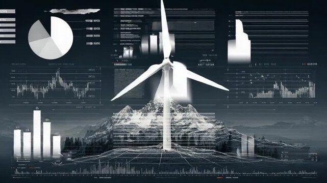 Wind Turbine Overlooking Mountain Landscape with Data - Powered by Adobe