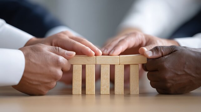Hands of coworkers working together to stack wooden blocks for corporate growth