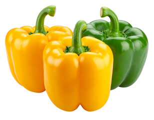 Three bell peppers (two yellow, one green) arranged closely together against a plain dark background