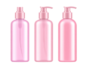 Three pink, translucent bottles with pump dispensers stand against a black background, gradient pink hues