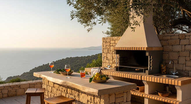 Outdoor kitchen with barbecue grill and sea view at sunset cooking summer