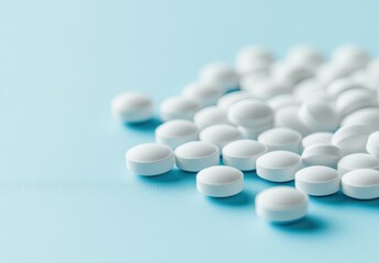 White round pills scattered on a light blue surface