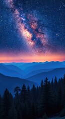 Majestic Milky Way Galaxy Over Mountain Ranges and Forest at Night with Blue Sky