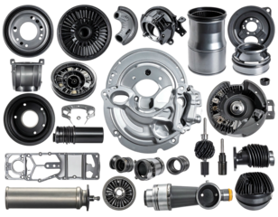 Metallic components are arranged in a flat-lay against a dark backdrop, appearing orderly and industrial