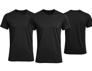 Three black, plain t-shirts are displayed against a black backdrop, showcasing front and back views