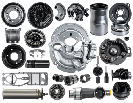 Metallic components are arranged in a flat-lay against a dark backdrop, appearing orderly and industrial