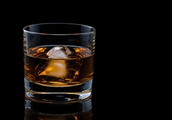 Elegant crystal whiskey glass containing chilled amber spirit and a single sphere of ice, reflecting light on a polished dark surface ,distilled ,drink ,whiskey