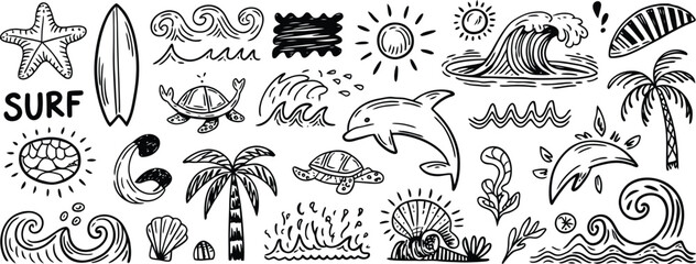 Ocean life and surf elements surfboard starfish