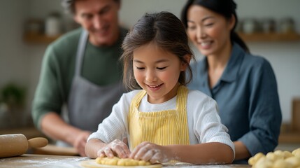 Homemade Goodness, Happy Mixed-Race Family Collaborating on Dough Preparation