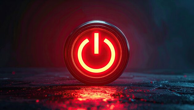 Glowing red power button symbol on a dark textured surface with reflective highlights and bokeh background a futuristic technology concept