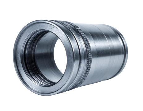 Metallic, hollow, cylindrical object with intricate threading and a corrugated band, isolated on black