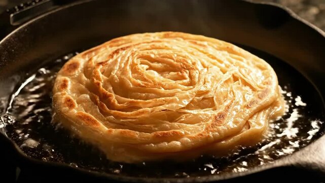 golden layered flatbread frying in hot oil
