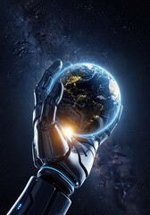 Robot Hand Holding Illuminated Earth Against Starry Deep Space Background