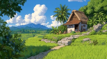 Charming cabin on a hillside, serene landscape with lush greenery, bright blue sky, ideal for nature retreats or relaxation.