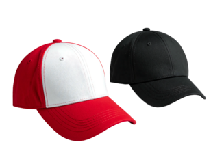 Two baseball caps, one red/white and one black, sit against a dark background