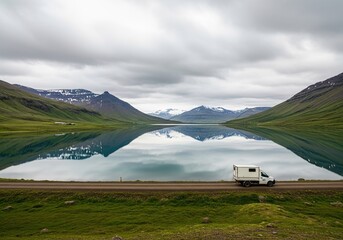 Scenic Iceland Landscape With White Van by Calm Lake and Reflected Mountains