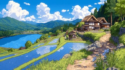 Obraz premium Scenic countryside view, picturesque landscape with a serene river, lush mountains, charming houses, clear blue sky, ideal for relaxation.