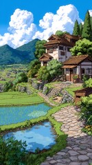 Fototapeta premium Scenic mountain pathway, lush greenery and clear lake, vibrant clouds above, ideal for outdoor adventures and relaxation.