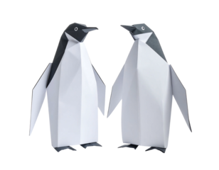 Two stylized origami penguins stand side-by-side, constructed with clean, geometric lines on a black background