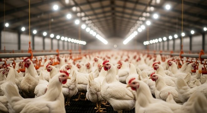 A wide-angle view of countless white broiler chickens in a brightly lit, modern poultry farm, representing intensive commercial agriculture and food production.