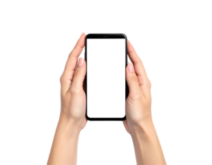 Two hands hold a blank, vertical smartphone against a plain, black background, showing a white screen