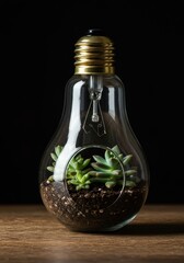 Miniature succulent garden thriving inside a clear glass incandescent bulb. Unique natural decoration element highlighting fragility and growth ,indoor ,freshness ,life