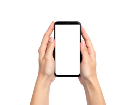 Two hands hold a blank, vertical smartphone against a plain, black background, showing a white screen