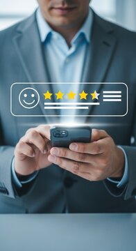 A man in a suit is giving a five-star rating to a product or service on his smartphone, demonstrating customer satisfaction and positive feedback, representing the importance of online reviews and use