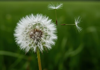 Fototapeta premium A close-up of a white dandelion head releasing parachutes into a sunny summer breeze across a green field ,summer ,Dandelion ,macro