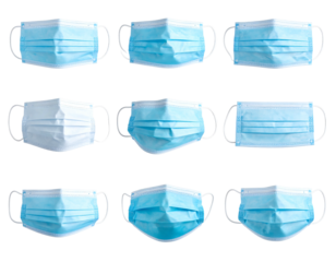 Nine medical face masks arranged in a 3x3 grid against a black background, showing various angles and mask styles