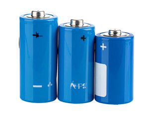 Three blue batteries, ranging in size, lined up against a black background, showcasing cylindrical shapes and power