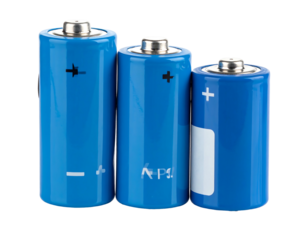 Three blue batteries, ranging in size, lined up against a black background, showcasing cylindrical shapes and power