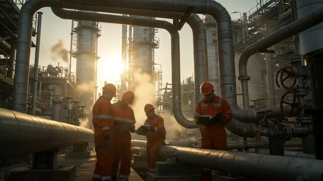 Workers in Oil Refinery at Sunset.